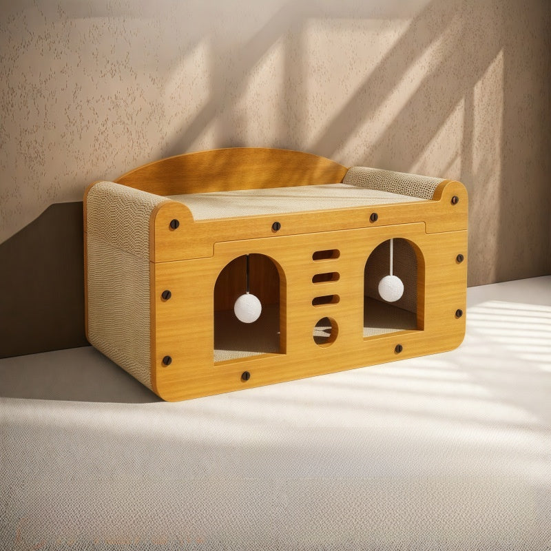 Two tier wooden cat scratching house with doors in natural wood, view 6