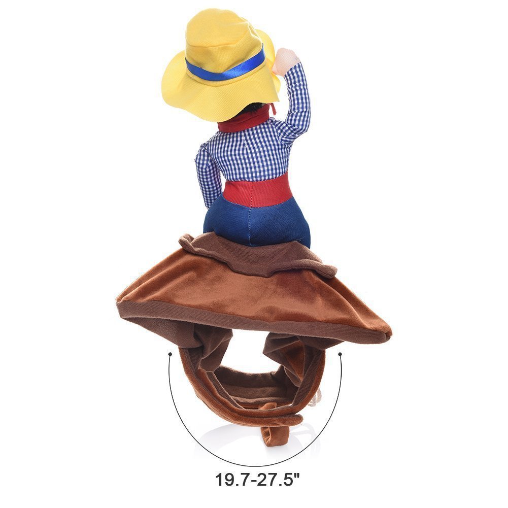 Horse rider costume for dogs with adjustable straps, in a home setting