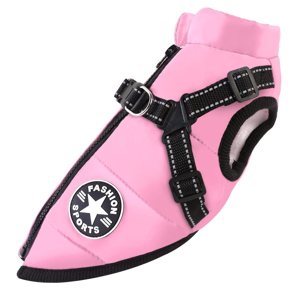 Fleece lined padded dog vest with reflective strips in Pink, close-up detail