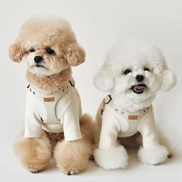 White faux leather cat walking harness vest with adjustable straps, product image 1