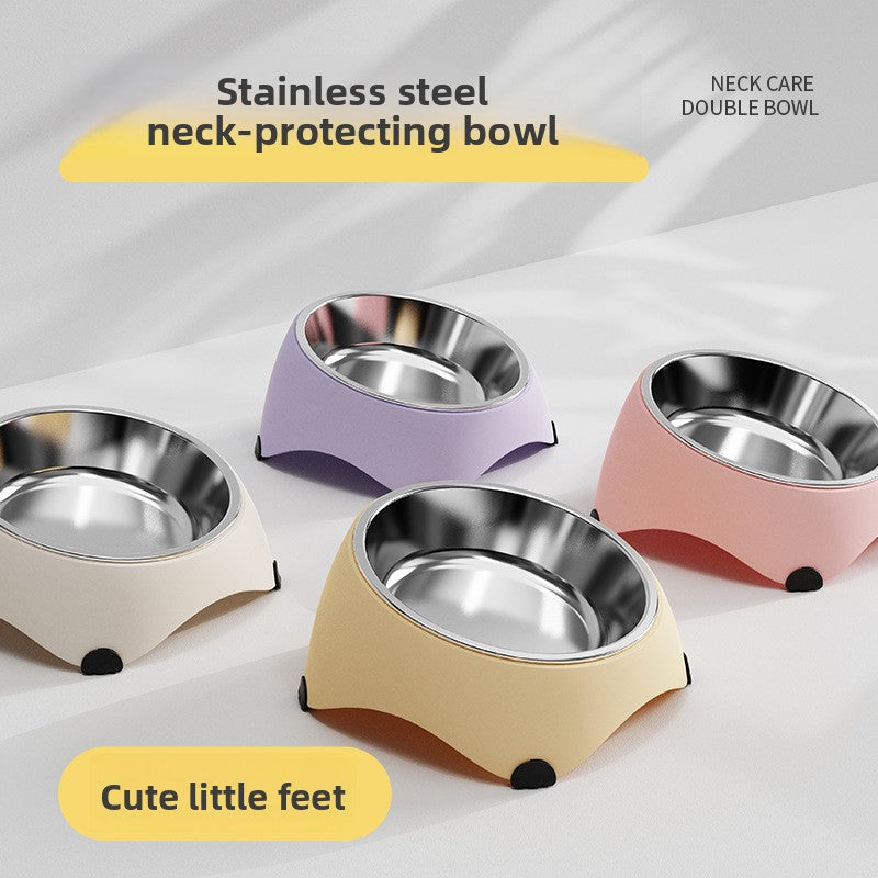 White raised tilted cat bowl with stainless steel dish, view 1