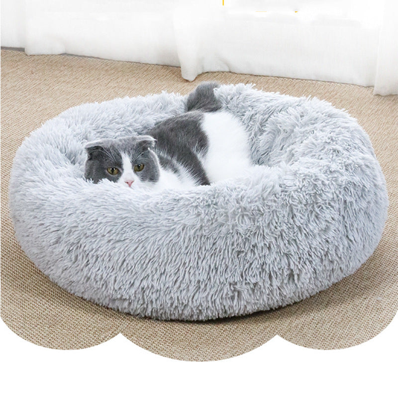 USB heated round pet bed in grey plush