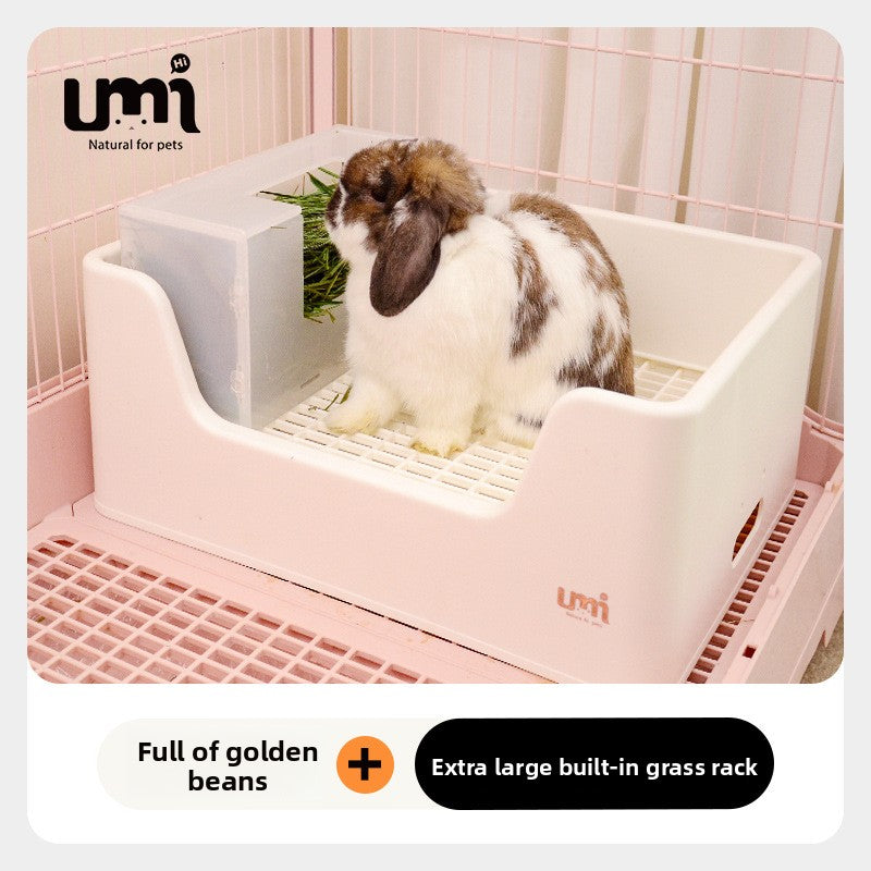 Extra large rabbit litter box with hay rack, alternative angle view