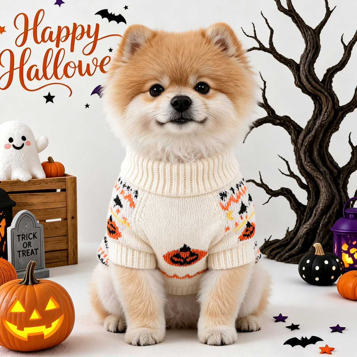 Halloween knit dog jumper with pumpkin and bat motifs