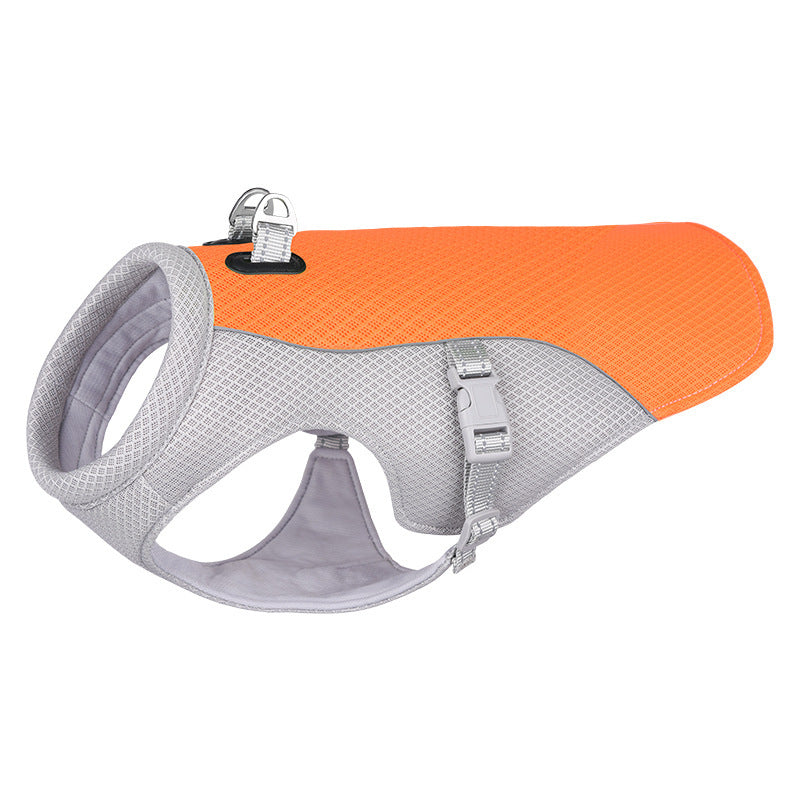 Dog wearing a blue breathable summer cooling vest