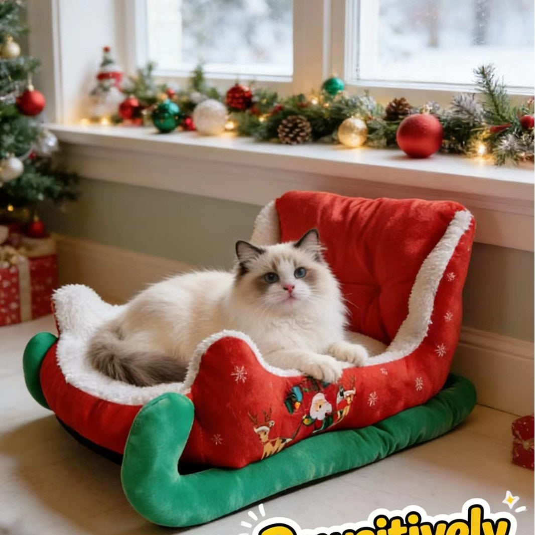Christmas sleigh pet bed shown in two sizes for dogs and cats