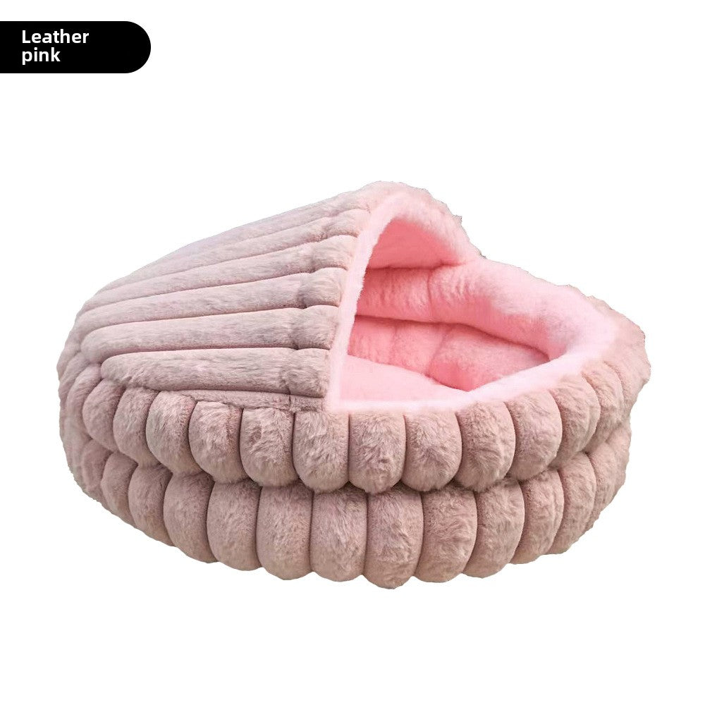 Thick plush semi-enclosed cat bed with waterproof base in Peach Pink, size Medium 60cm