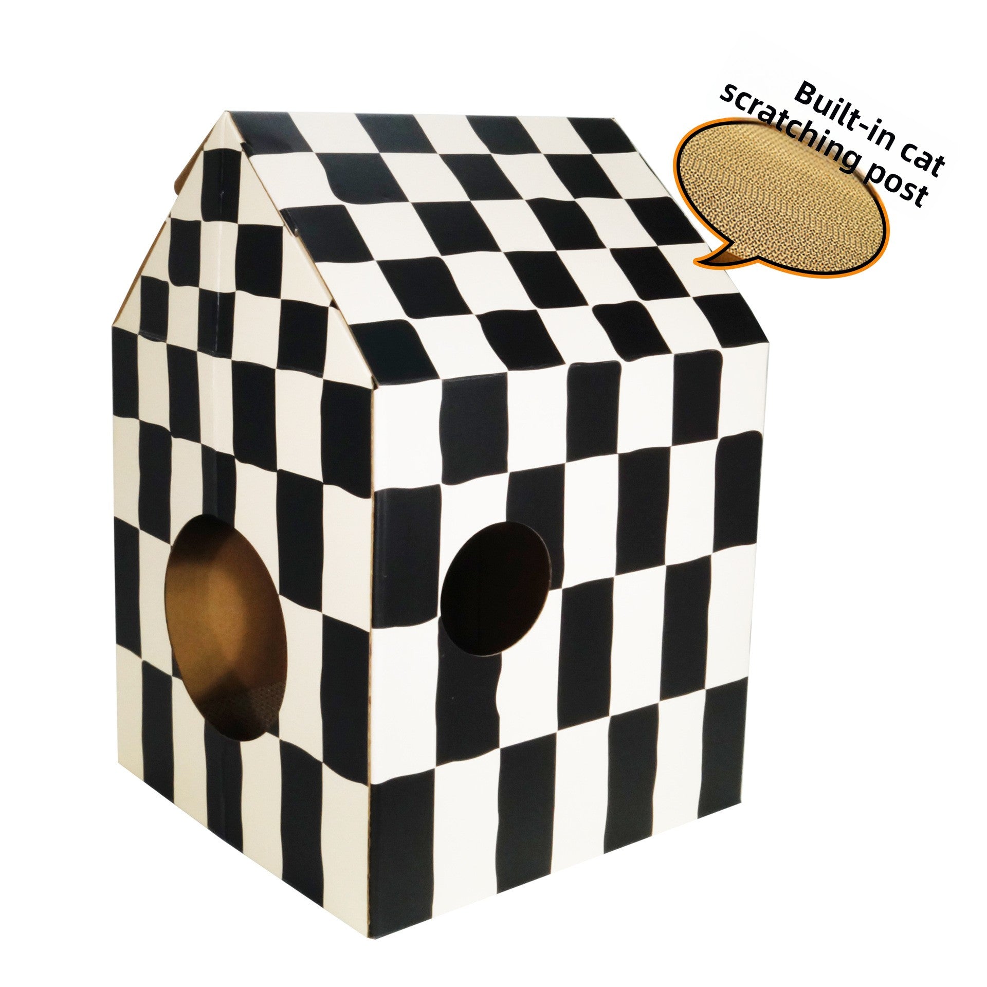 Corrugated cardboard cat nest house with checkerboard print design, view 1