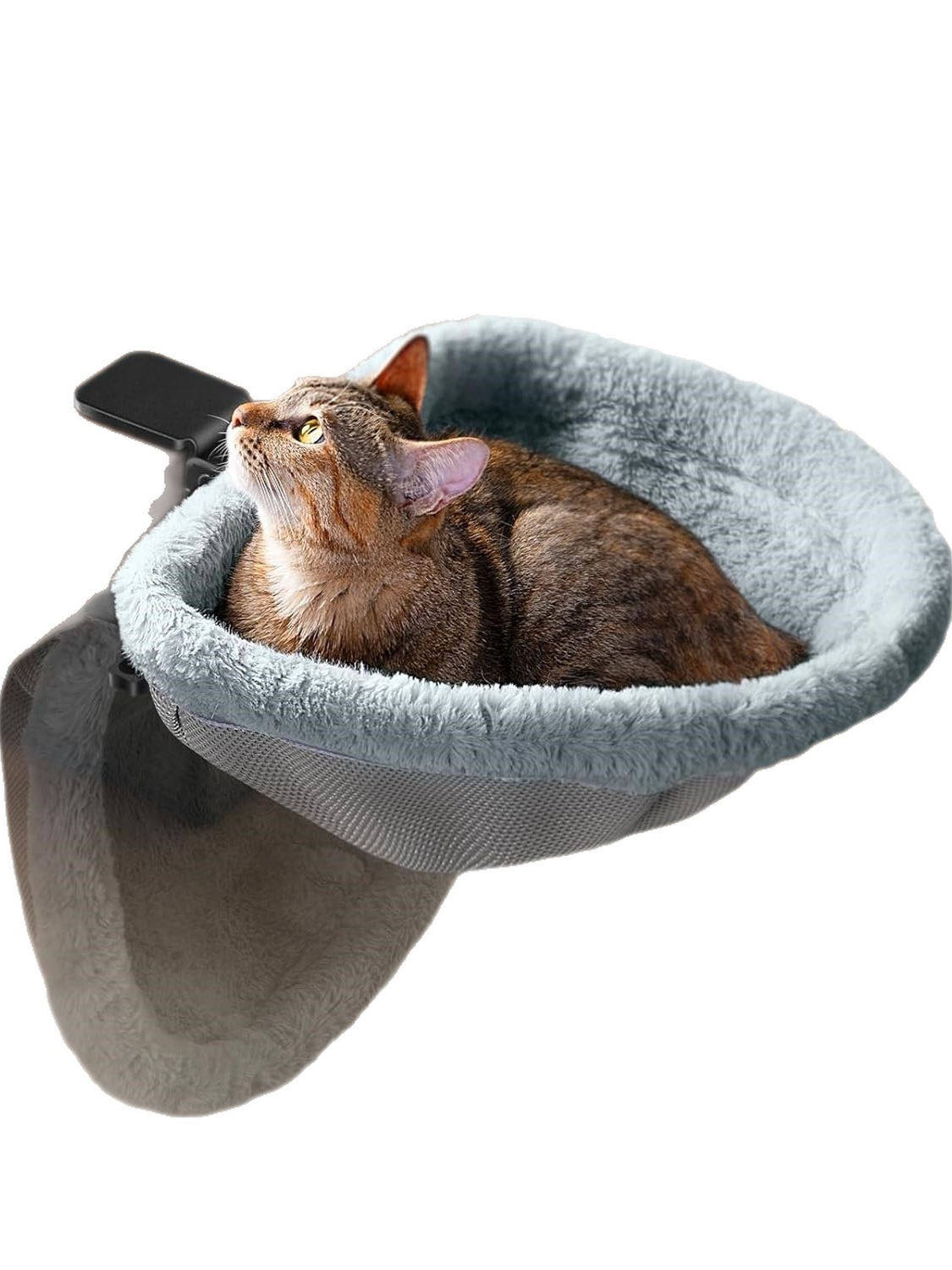Raised round desk cat bed with grey faux fur on stand, view 1