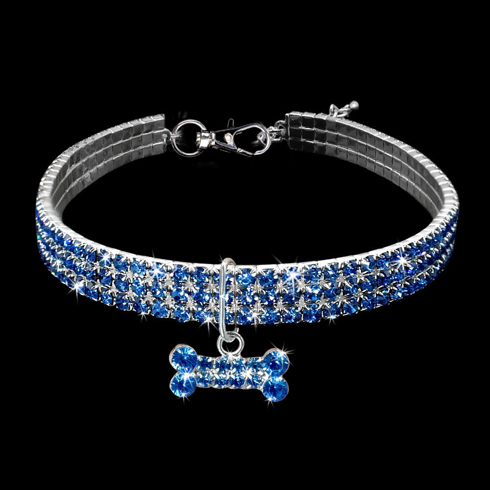 Rhinestone elastic pet collar with charm in Pink Bone, side view