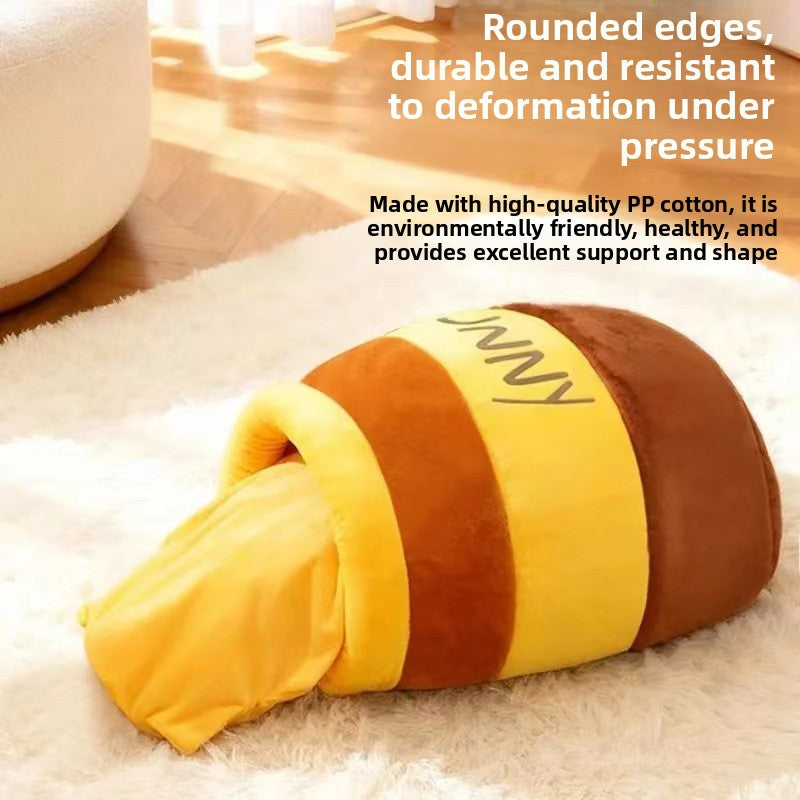 Honey jar shaped yellow flannel cat bed, product image 3