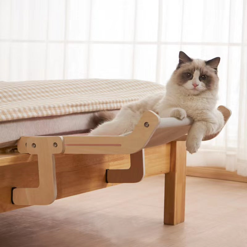 Wall mounted wooden cat hammock with removable padded mat, view 3 of 12