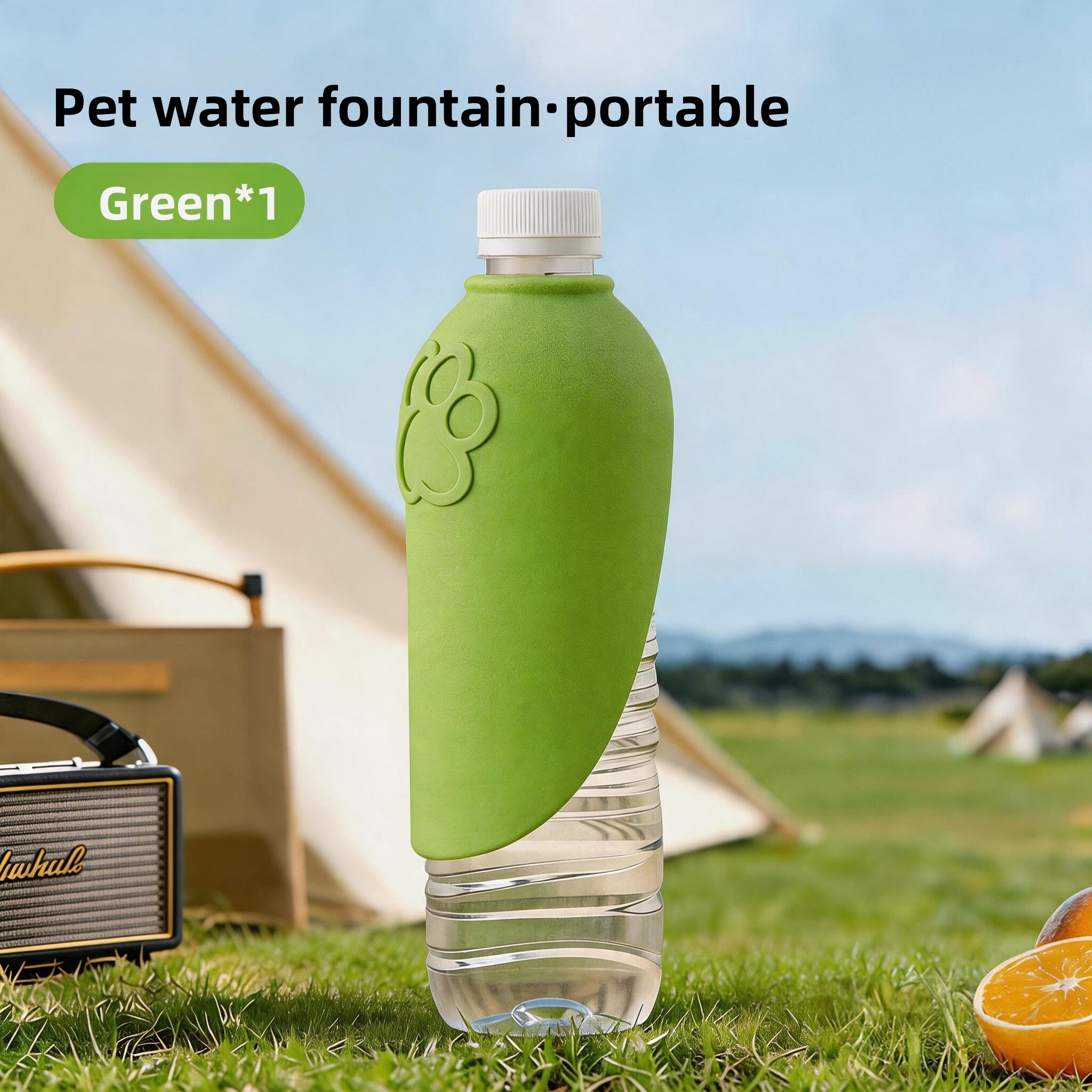 Silicone dog water bottle with foldable U-shaped lid, in use with a pet