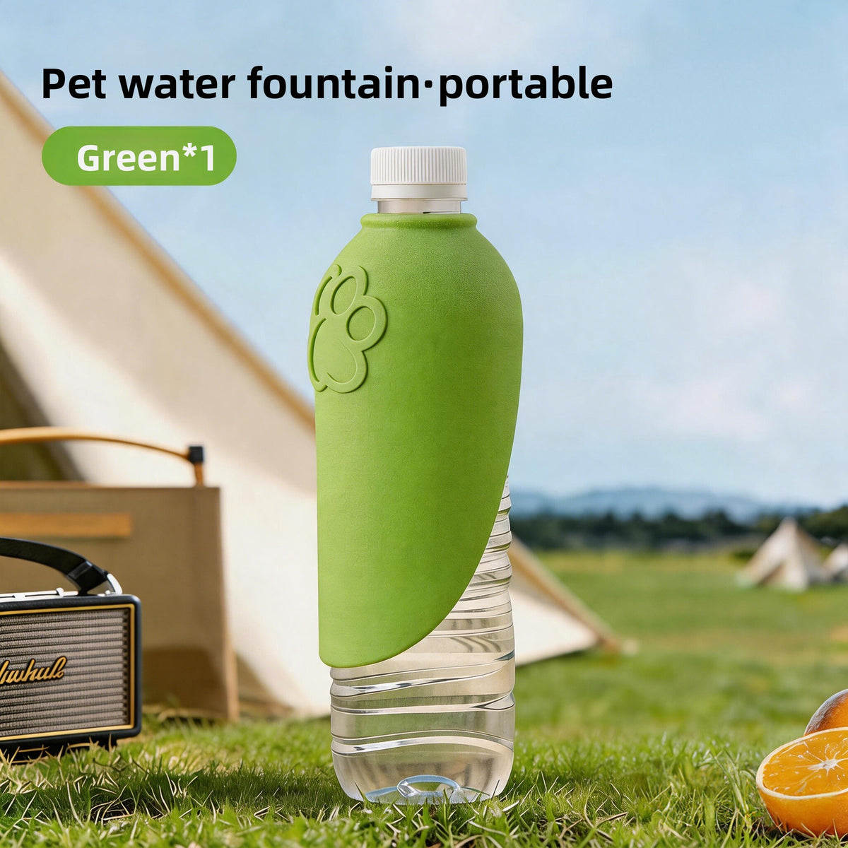 Silicone dog water bottle with foldable U-shaped lid, in use with a pet
