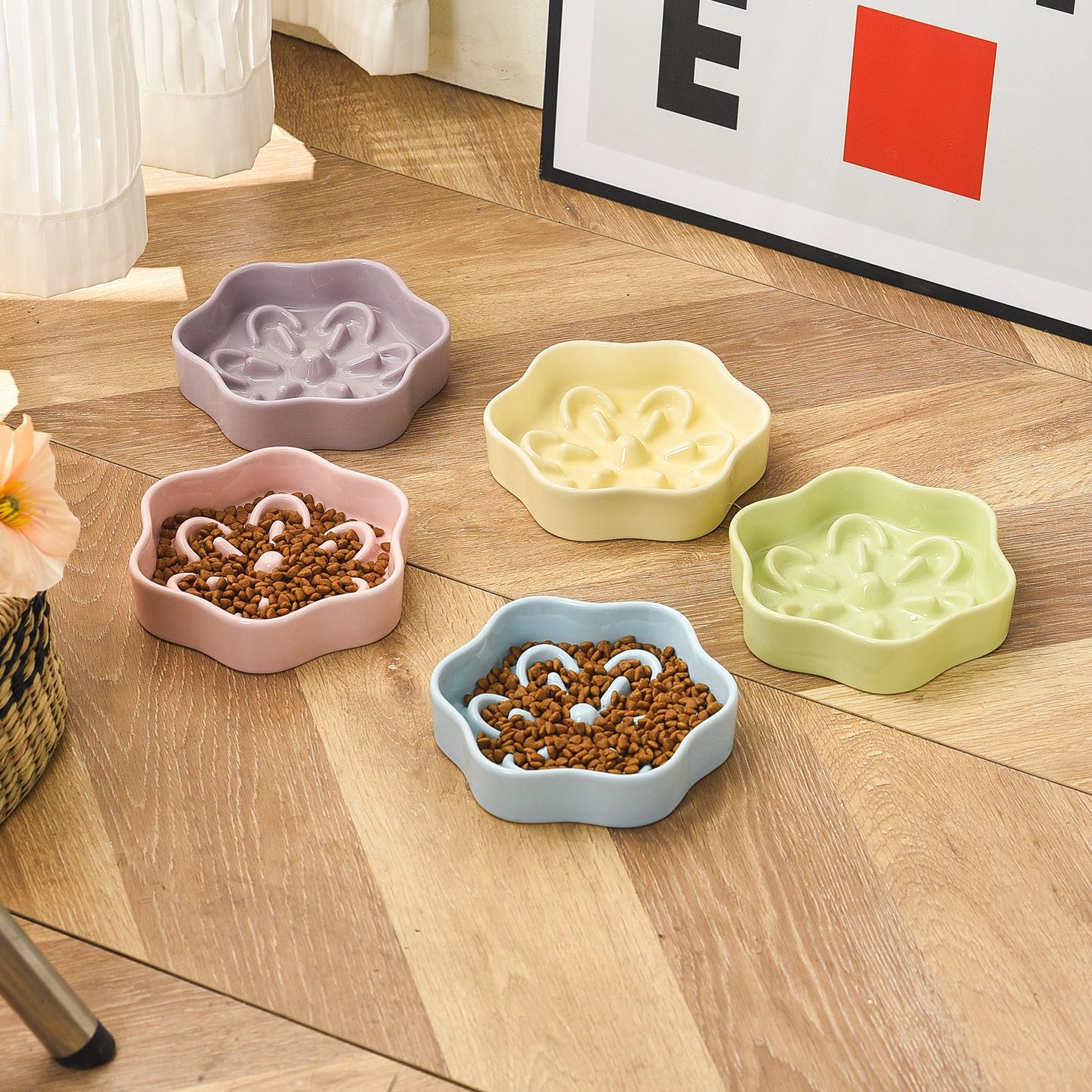 Flower Shaped Slow Feeder Ceramic Pet Bowl