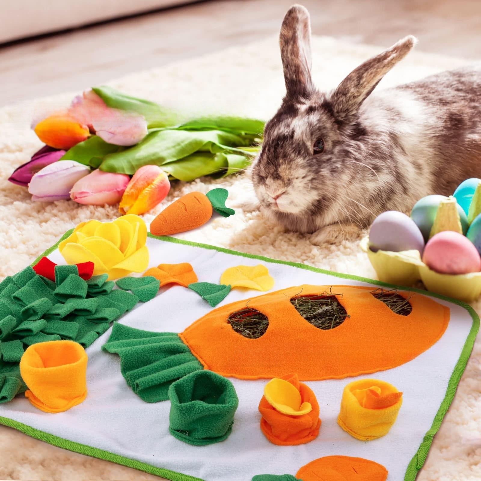 Rabbit foraging mat with hidden carrot toys for small pets, view 4