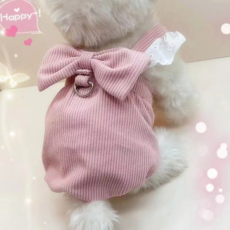 Pink corduroy pumpkin skirt pet dress with bow in Pink Corduroy, side view