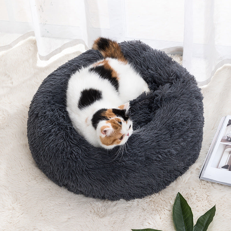 Light grey round plush pet bed with deep nest shape, photo 6