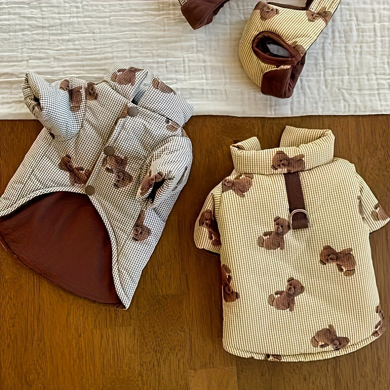 Warm padded dog coat and hat set with lead ring in Yellow, close-up detail