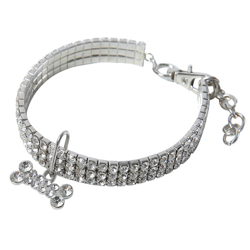 Rhinestone elastic pet collar with charm in Lake Blue Paw, side view