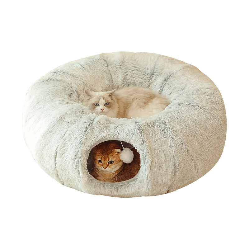 Grey foldable long plush round cat tunnel bed, view 5