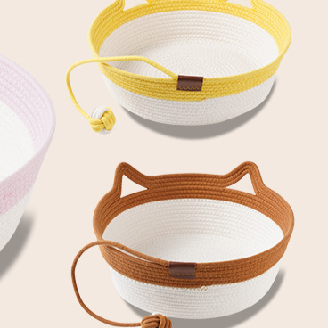 Small woven rattan cat nest in macaron blue with ball, view 2