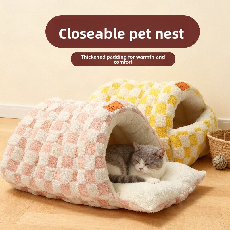 Flannel sleeping bag cat bed with enclosed design, photo 3 of 33