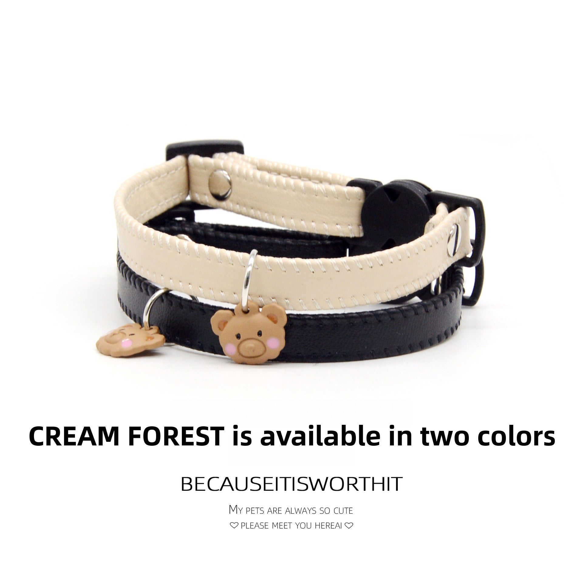 Soft leather cat collar with bear charm and buckle, product image 1
