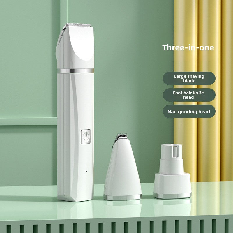Cordless electric pet hair clipper in white with charging base