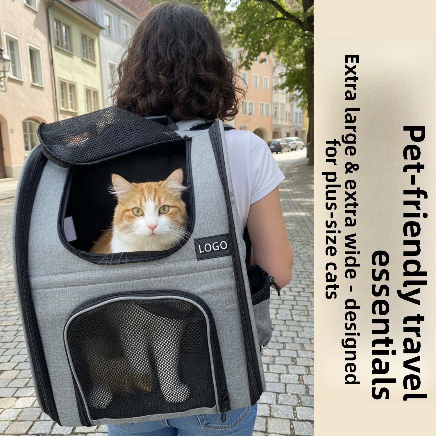 Foldable black pet carrier backpack with breathable mesh panels, view 1 of 6