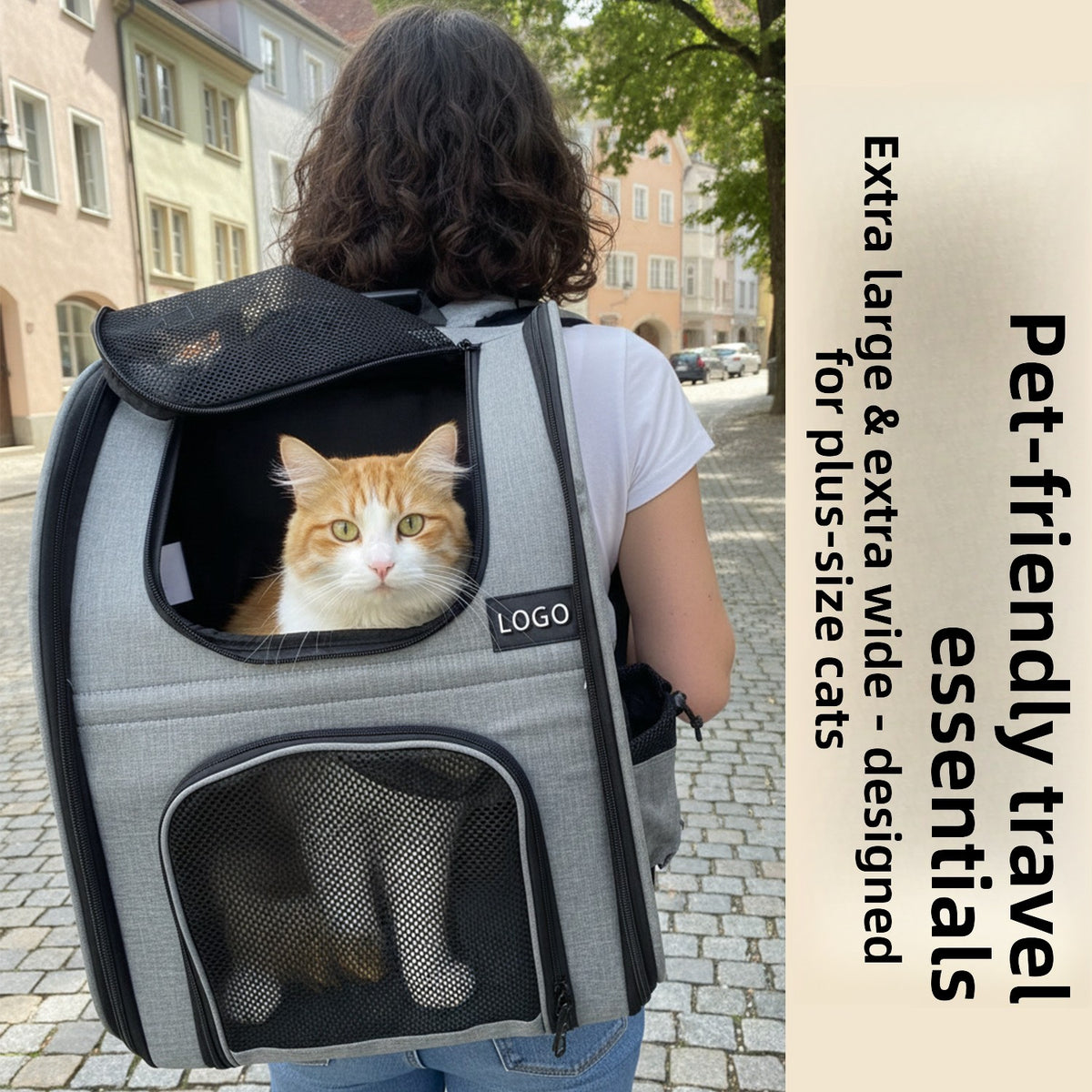Foldable black pet carrier backpack with breathable mesh panels, view 1 of 6