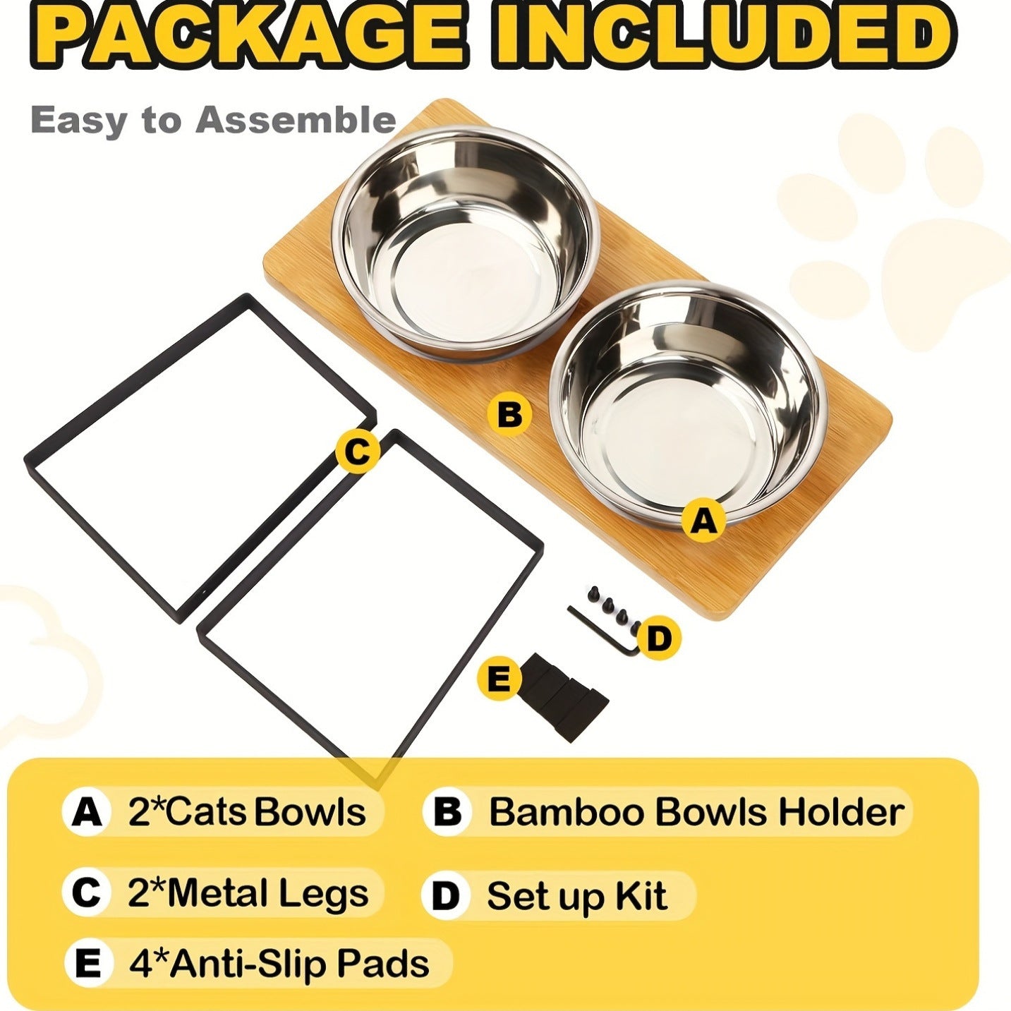 Bamboo and Wood Cat and Small Dog Bowl Set with Stainless Steel Inserts, Double or Triple