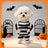 Small dog wearing a funny striped prisoner costume