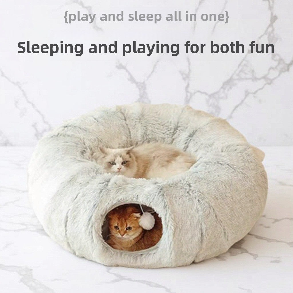 Grey plush cat tunnel bed with cosy nest end, photo 3