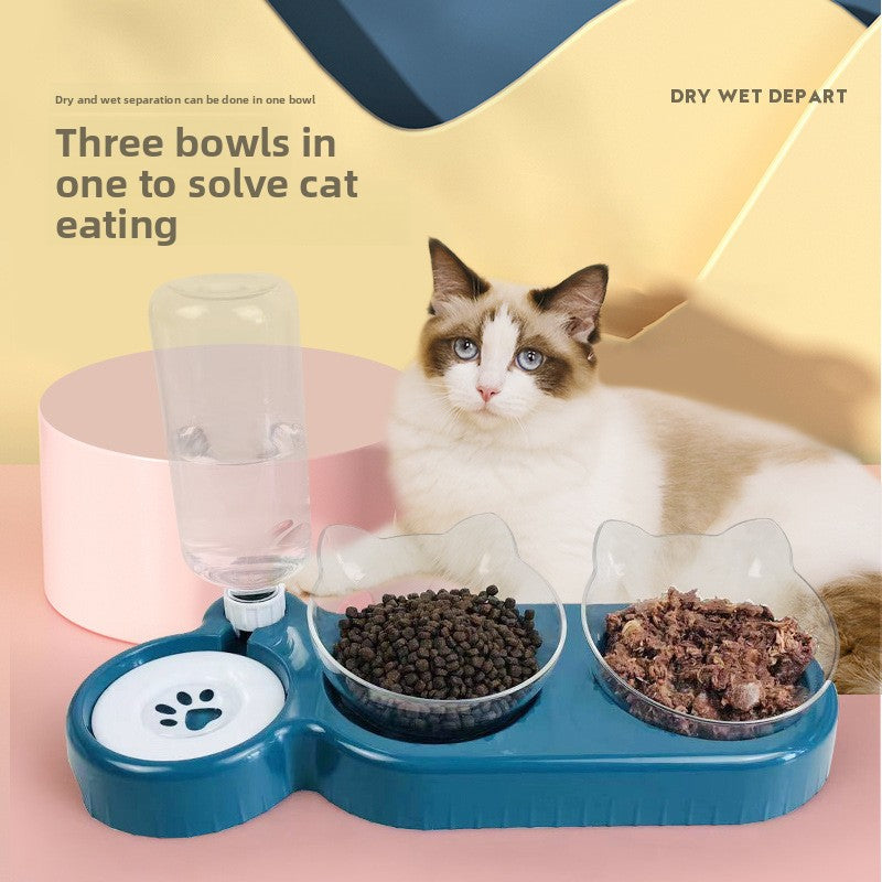 Clear raised cat feeding station with dark blue base
