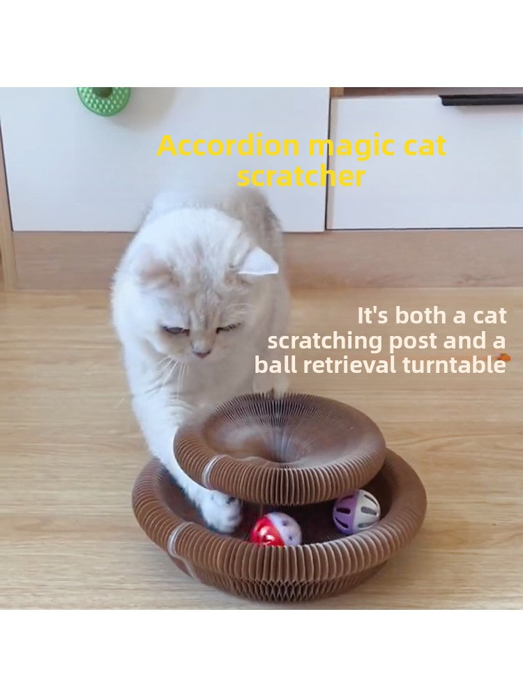 Round accordion corrugated cat scratcher toy with bell ball, view 1 of 10