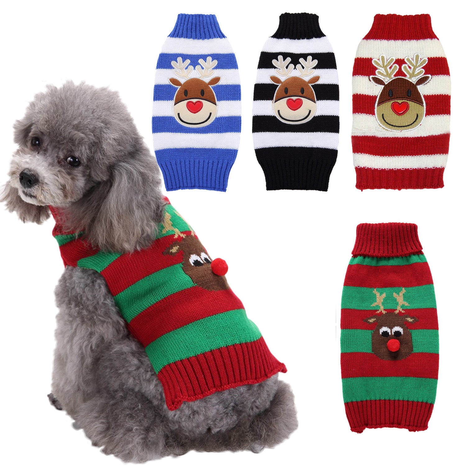 Christmas knitted dog jumper with festive pattern in Blue and White Reindeer, side view