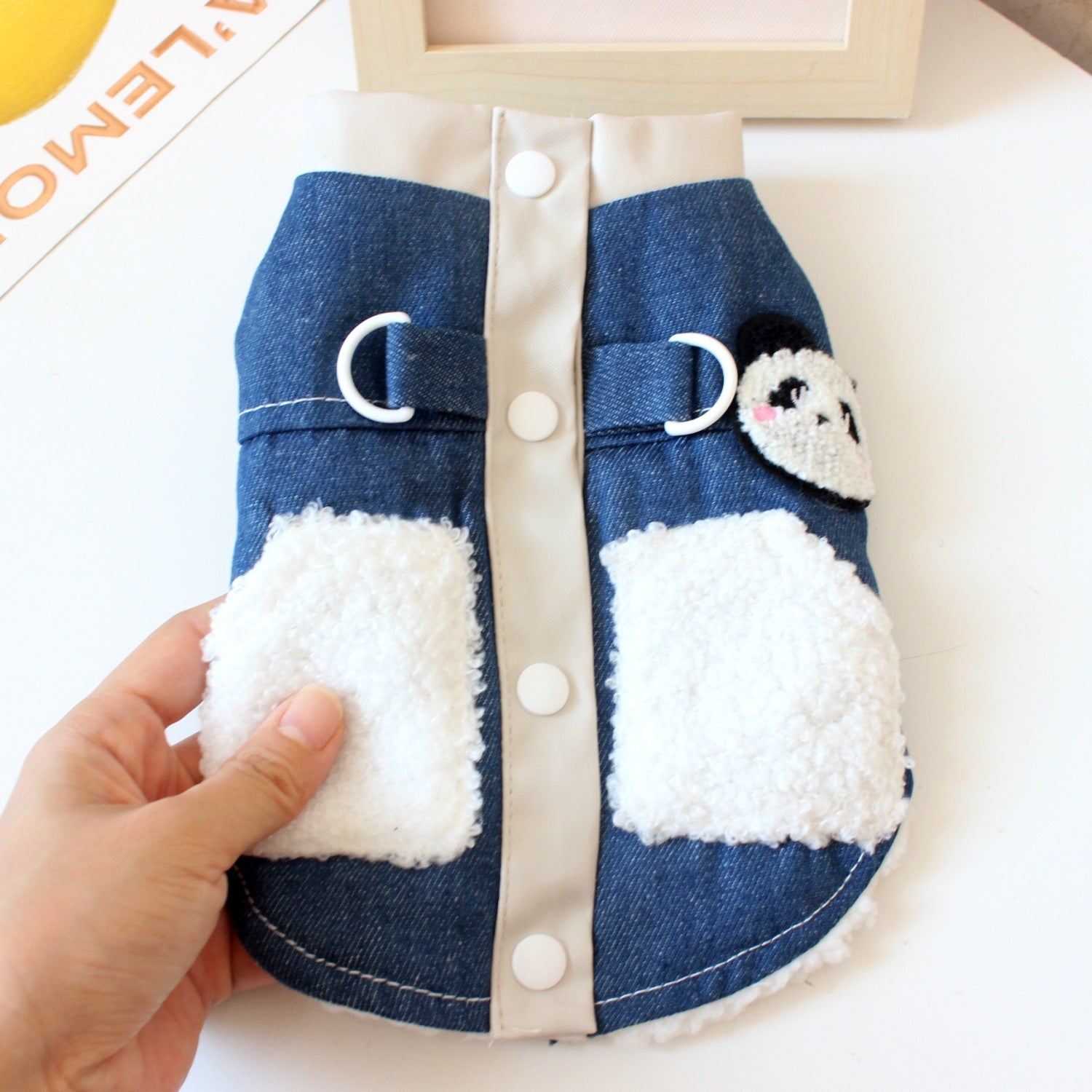 Fleece lined denim pet jacket with panda design in Dark Blue Denim, material detail