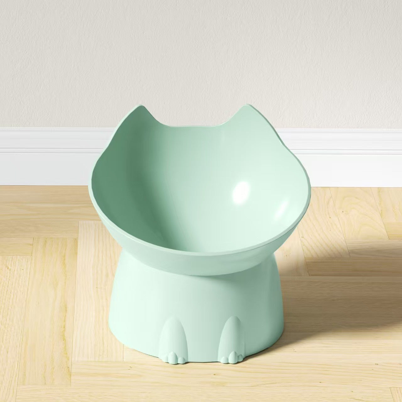 Raised tilted cat bowl with cute ears, further angle view