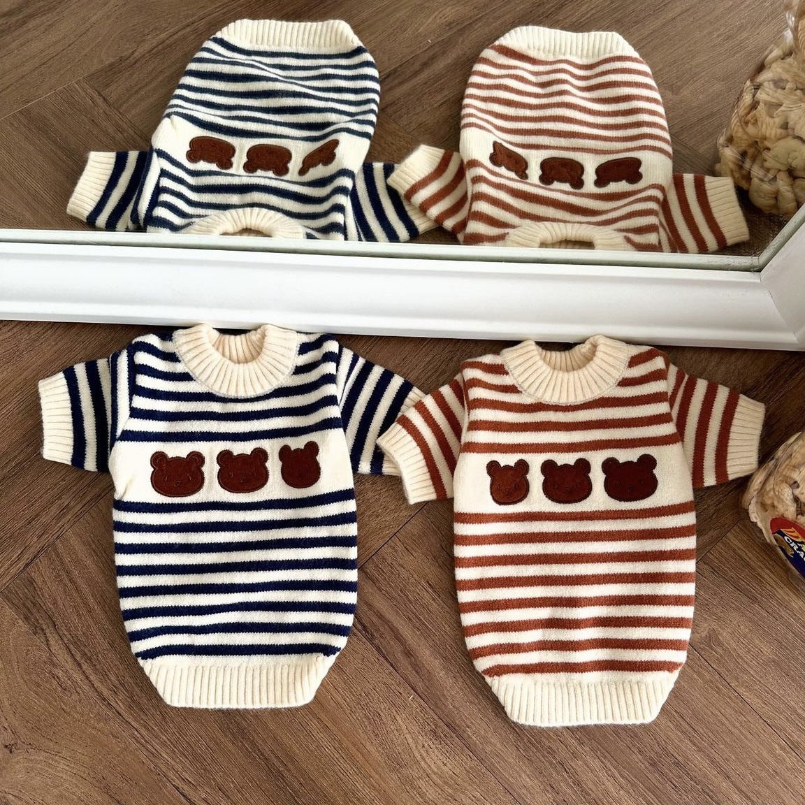 Striped knitted wool pet jumper in Chestnut Stripe, close-up detail