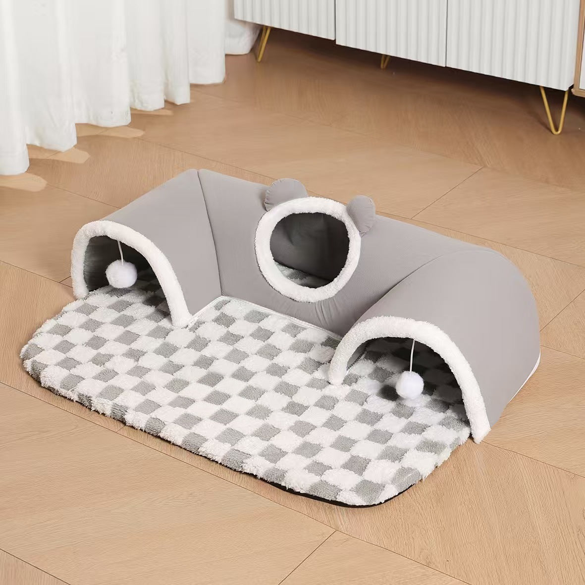 U shaped tunnel cat den with brown deer design, view 10