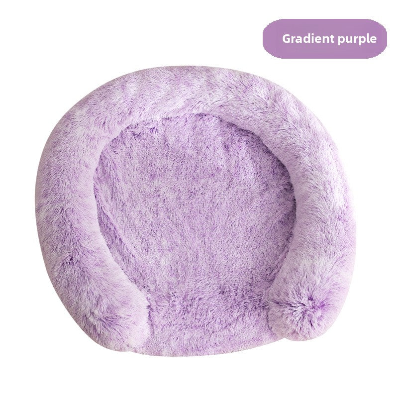 Plush round donut bed for cats and dogs in White, further angle view