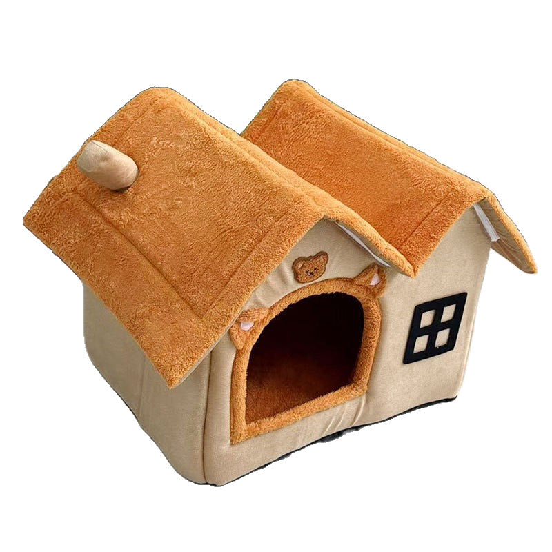 Grey enclosed pet house with double gable roof, view 2