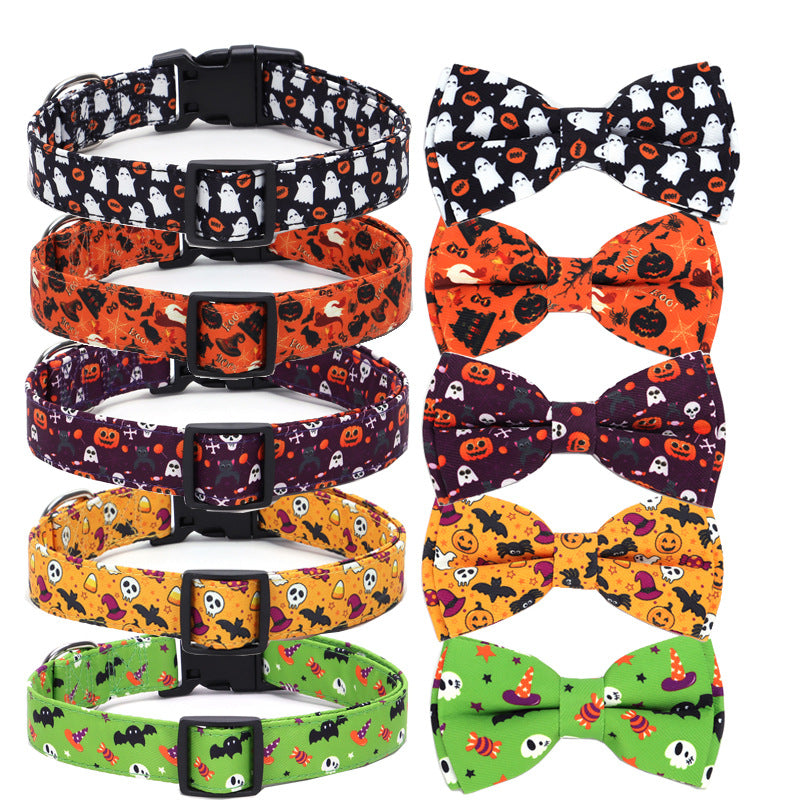Halloween fabric dog collar with pumpkin print in Black Ghost, showing size and shape