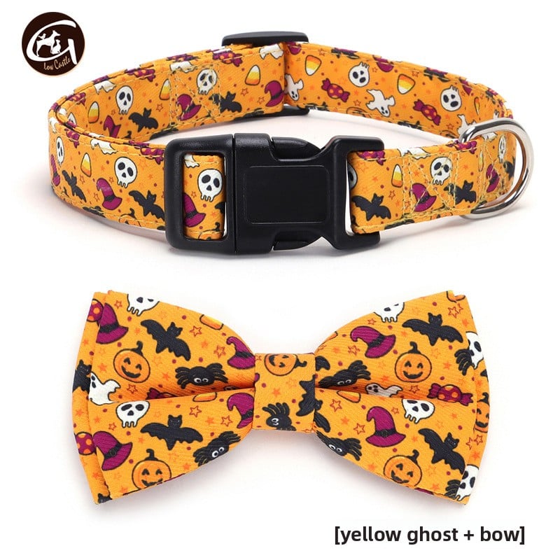Halloween fabric dog collar with pumpkin print in Purple Pumpkin, material detail