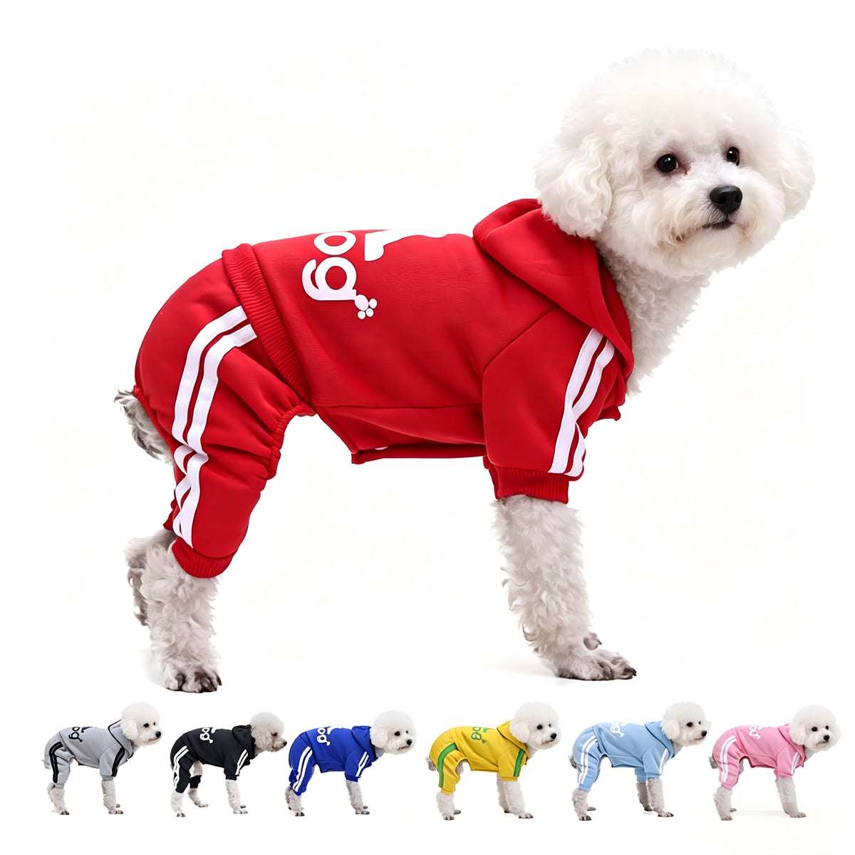 Small dog wearing a red four leg button up hoodie