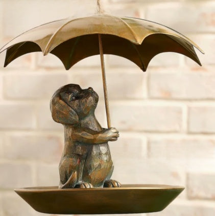 Decorative Garden Bird Feeder with Umbrella Roof in Weather-Resistant Resin and Metal