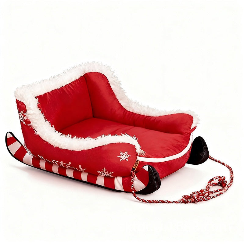 Red Christmas sleigh pet bed for cats and small dogs, view 3