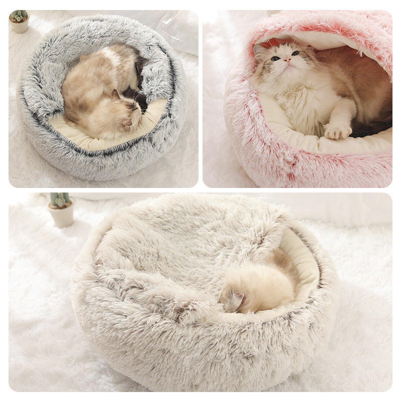 Half-covered crystal velvet cat bed in sakura pink