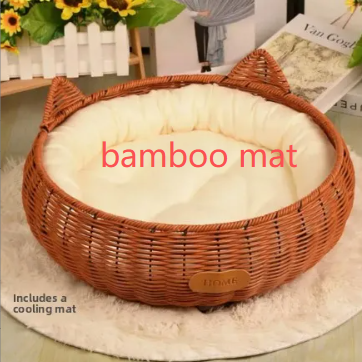 Brown rattan woven pet bed with blue cushion for cats, view 33